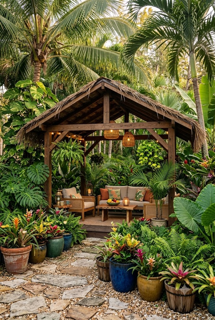 Cabana with Tropical Plants & Planters