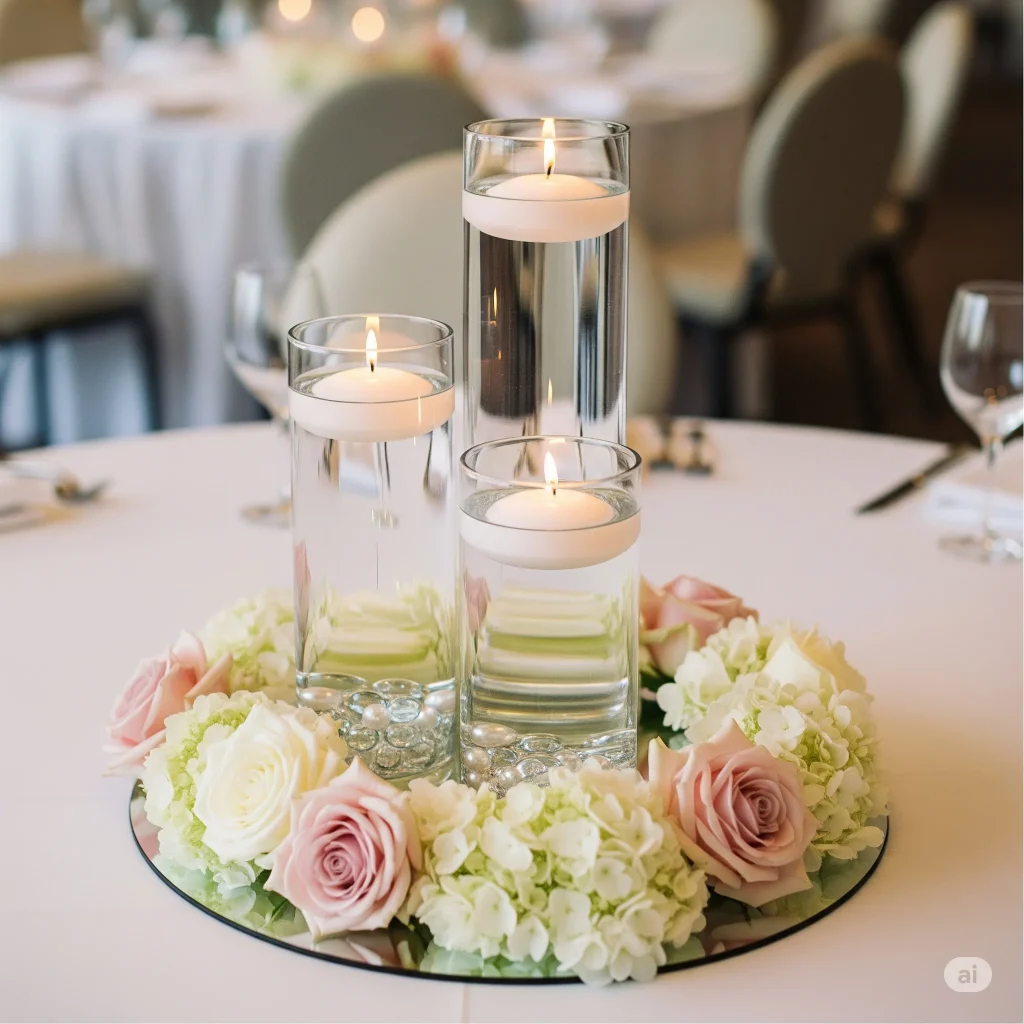 Floating Candles Wedding Centerpieces with mirror and flowers