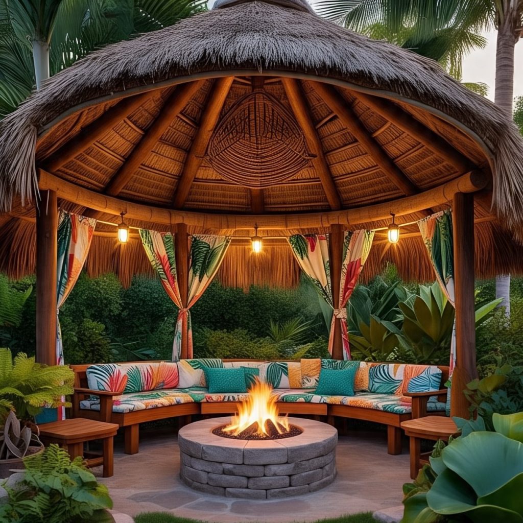A cozy outdoor tiki-style gazebo with a thatched roof, tropical print cushions, warm lighting, and a central fire pit.