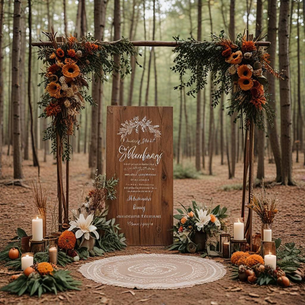 A wedding arch decorated with fall flowers and candles in a forest setting, with a wooden sign at the center