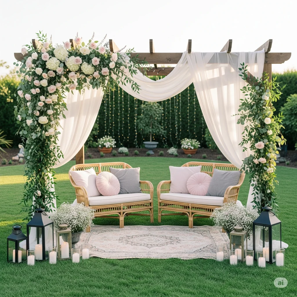  A romantic outdoor wedding or backyard wedding setup featuring a wooden arch adorned with white flowers and greenery, sheer white drapes, and a seating area with rattan couches and lanterns on a lush green lawn. 

