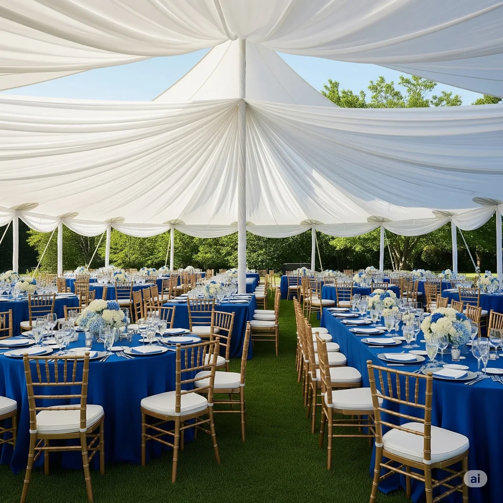 White draped tent interior set up for an event with long tables covered in blue tablecloths and gold chairs. 
