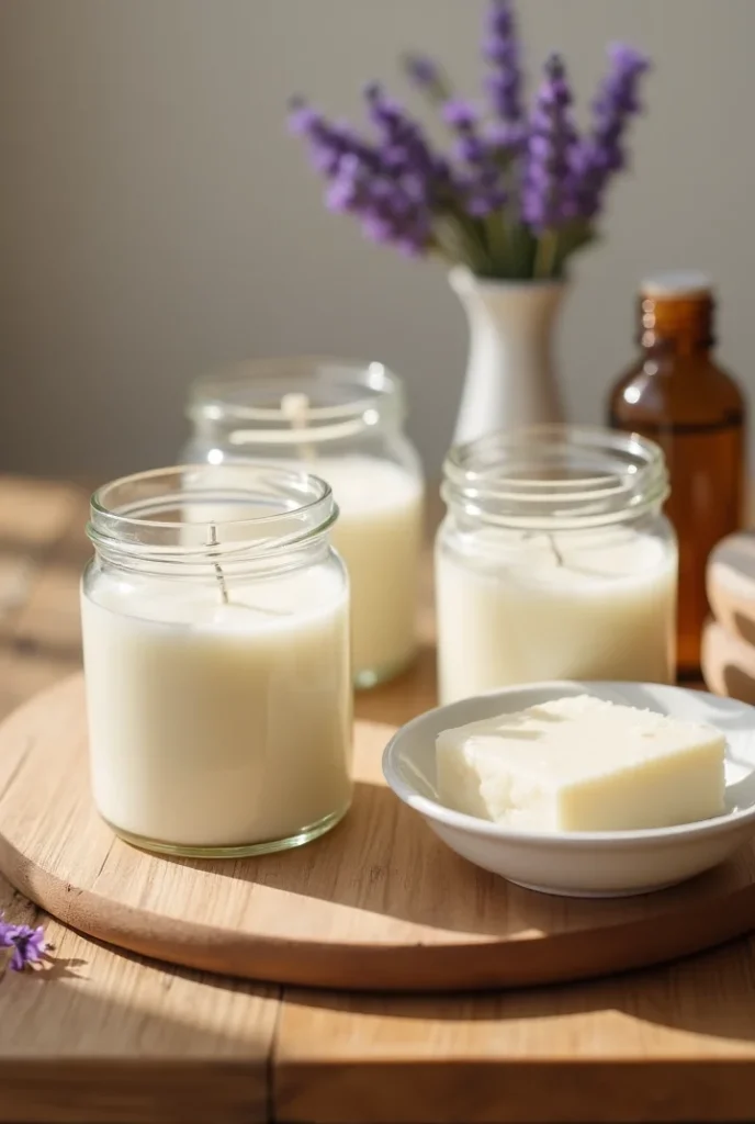 Three homemade white candles in glass jars on a wooden surface, with a vase of lavender flowers and a brown bottle in the background.