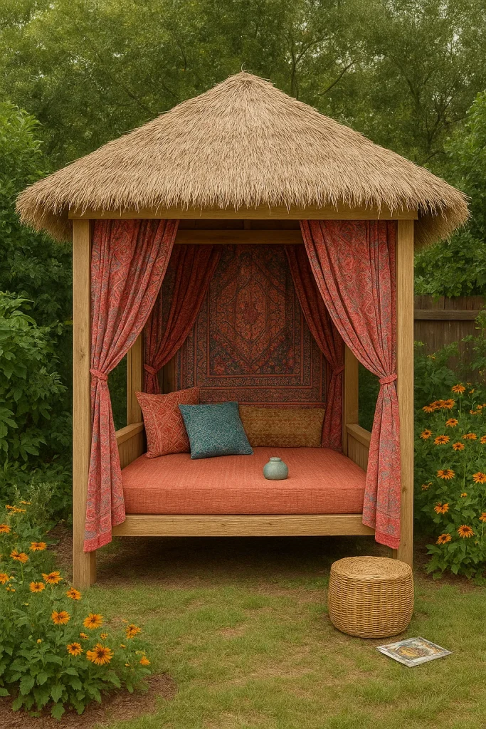 A wooden outdoor daybed or cabana with a thatched roof, red patterned curtains, and cushions, set in a garden with green foliage and yellow flowers.