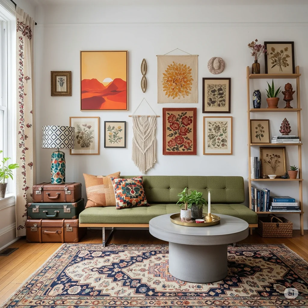 A cozy living room with a green sofa, a patterned rug, stacked vintage suitcases, a round coffee table, and a gallery wall filled with various art pieces and tapestries.