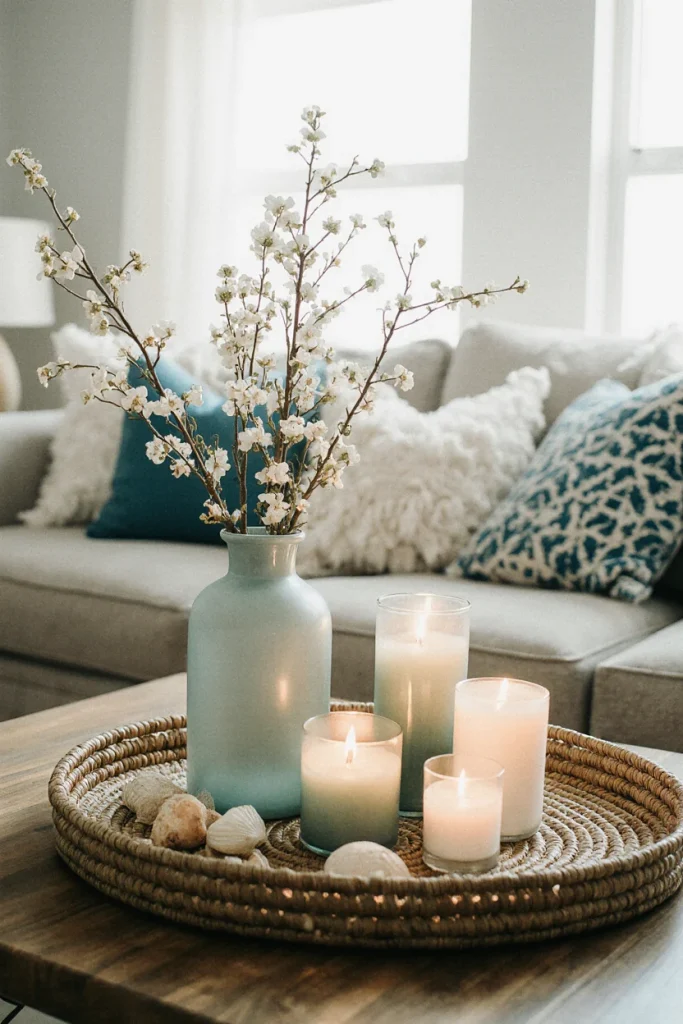 coastal cottage Coffee Table decor with vase and candles