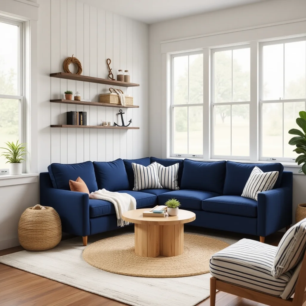 Coastal living room, nautical decor an natural elements