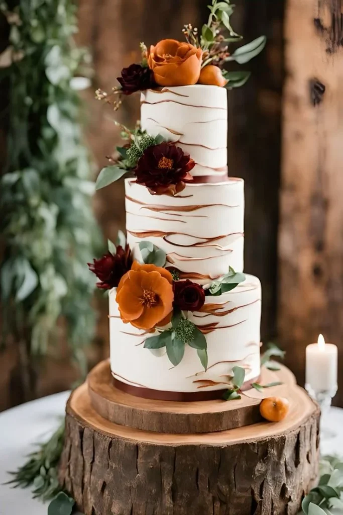 desert rose and terracotta wedding 
Three-tiered white wedding cake with rustic frosting details and orange and burgundy flowers.