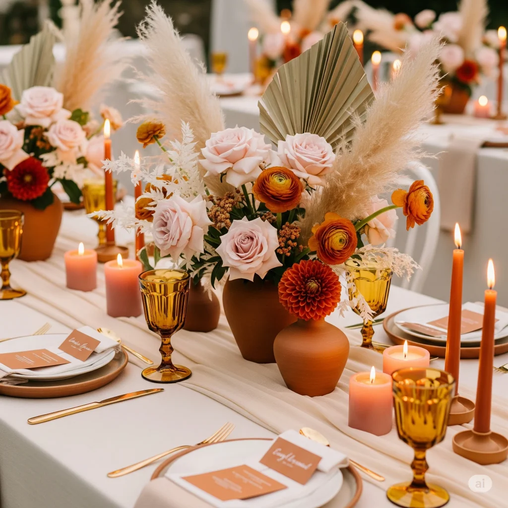 A wedding reception table decorated with flowers, pampas grass, and candles in terracotta tones.
