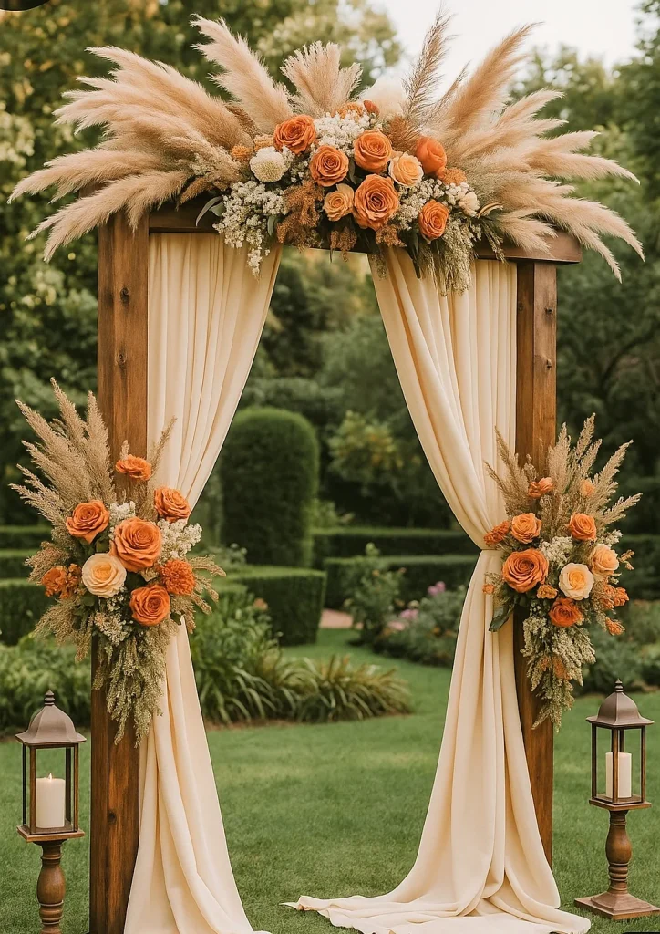 Terracotta Wedding Theme
Wedding arch decorated with orange roses, pampas grass, and drapery in a garden setting. 