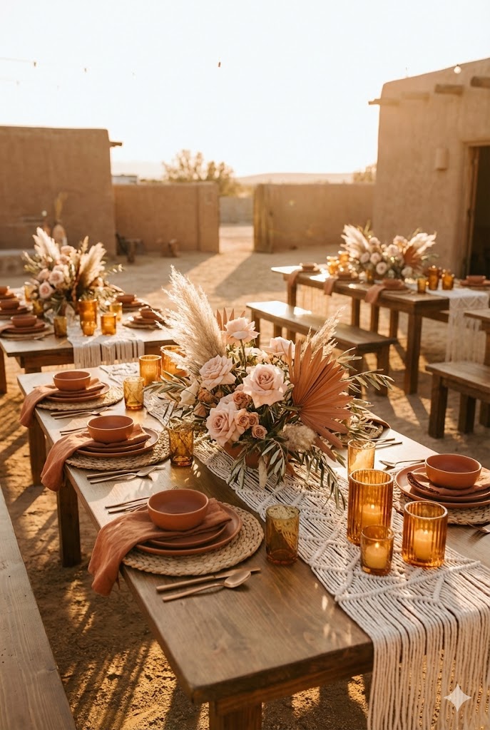 Terracotta Wedding Theme
A boho-chic outdoor dining setup with pampas grass and floral arrangements in a desert landscape at sunset. 