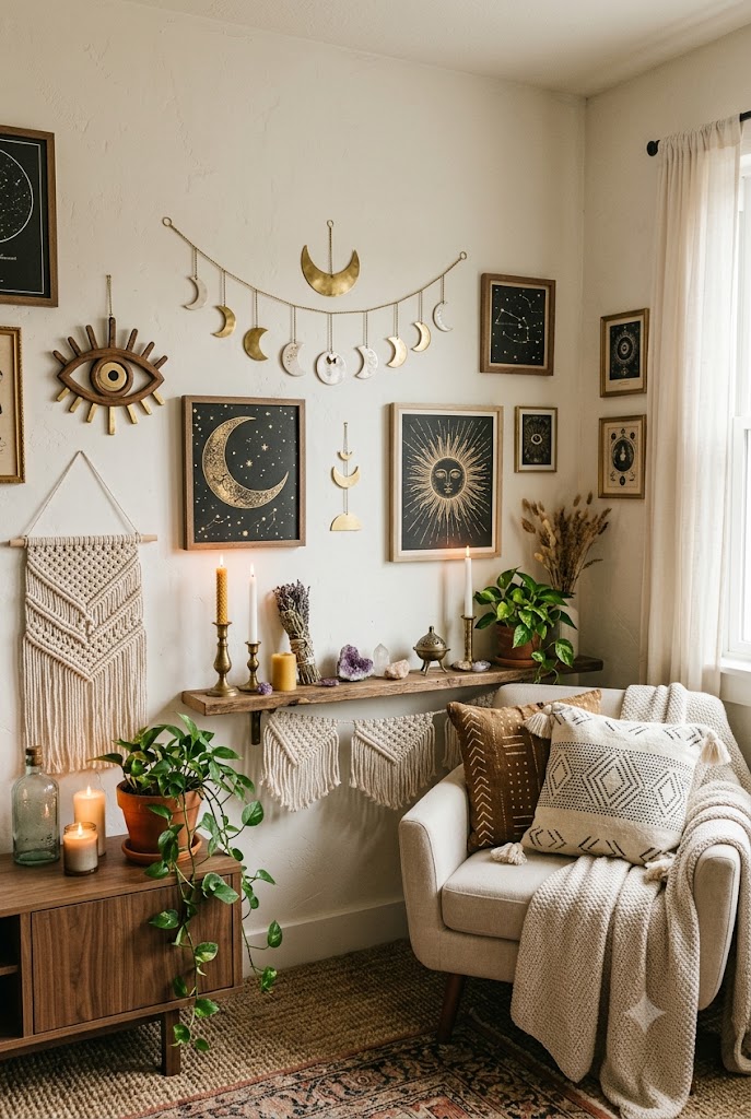 Dreamy bohemian living room featuring moon phase artwork, celestial prints