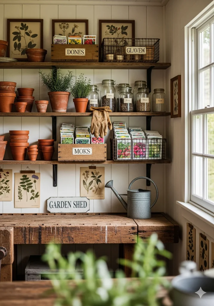 A rustic garden shed interior with shelves displaying terracotta pots, seed packets, labeled jars of seeds, gardening gloves, and botanical prints, with a watering can on a counter next to a window.
