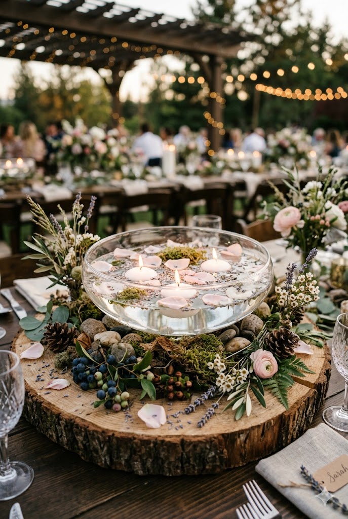 Rustic wedding centerpiece featuring a wide shallow glass bowl filled with water and glowing floating candles