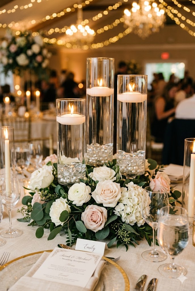 elegant wedding reception table featuring a Glass Cylinder Trio with Floral Accents to Arrange Floating Candles Centerpieces