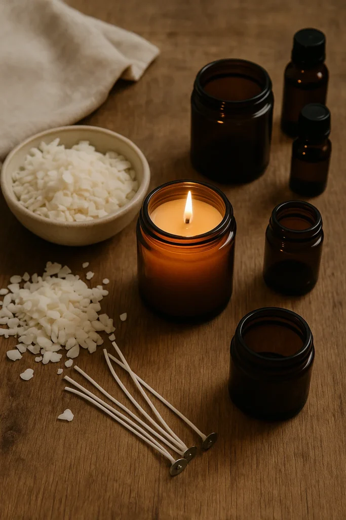 Candle making supplies including soy wax flakes, wicks, empty amber jars, and one lit candle in an amber jar.