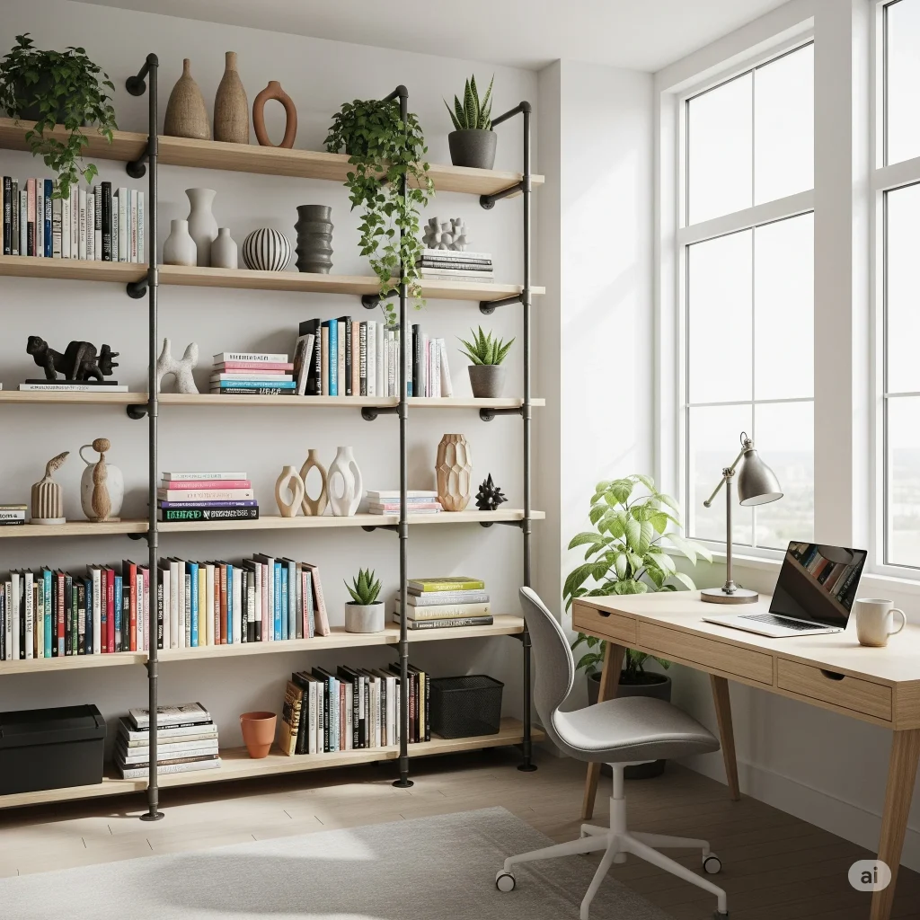 Industrial-Style Open Shelving in workspace or library