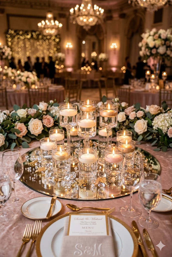 Luxurious wedding reception centerpiece featuring a round mirrored base reflecting candlelight