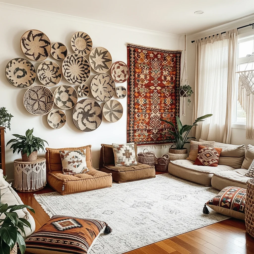 Boho Living rrom seating with natural and traditional decor