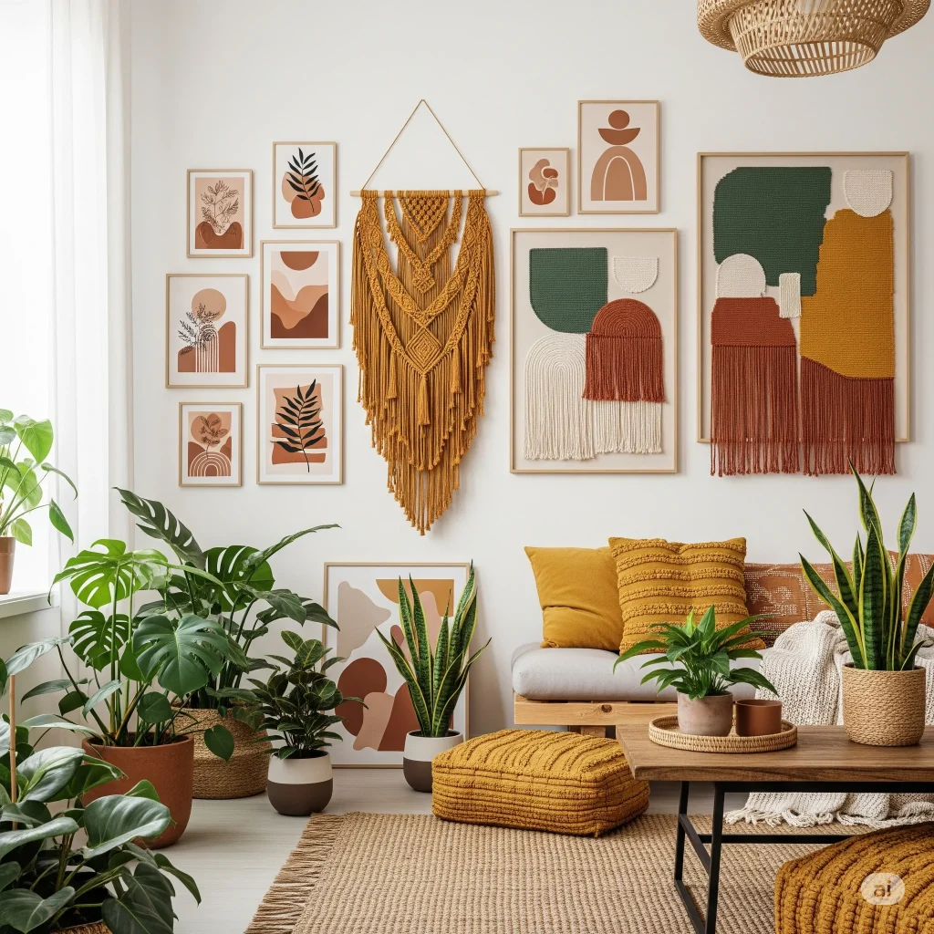 The combination of various art prints, a large macrame piece, and diverse plant arrangements contributes to the collected and free-spirited feel of the bohemian aesthetic.