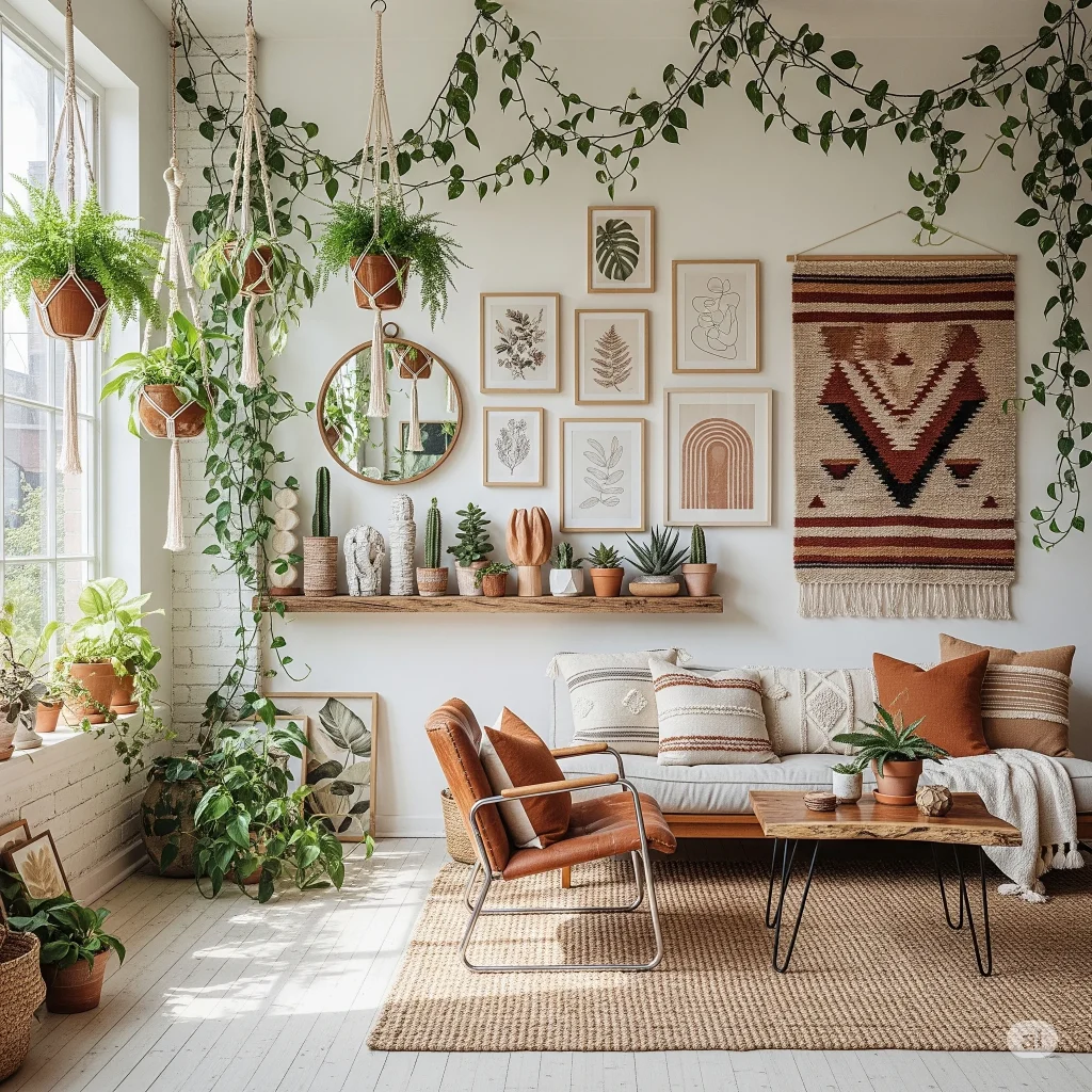A bohemian-style living room filled with various green plants, natural textures, and earthy tones, featuring a couch, chairs, a coffee table, and wall decor.