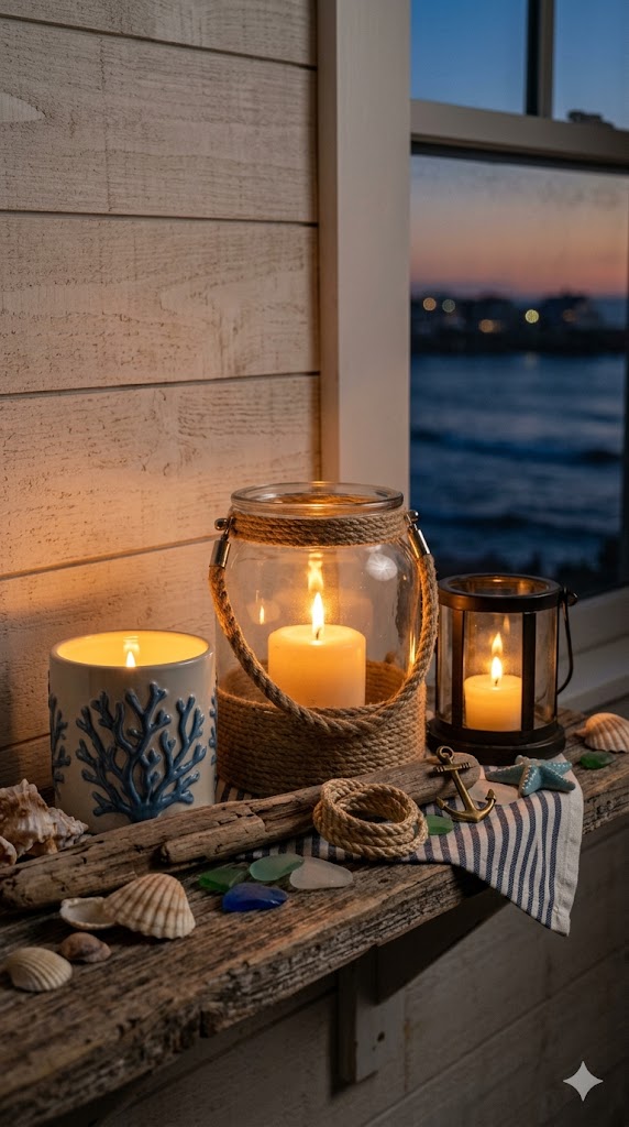 candle holders with ocean-inspired styling, soft golden glow, calm and relaxing coastal setup