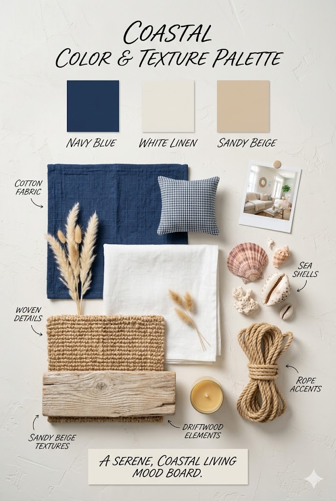 Nautical color palette: navy blue fabric, white linen, sandy beige textures, seashells and rope accents, aesthetic styling, Pinterest mood board style