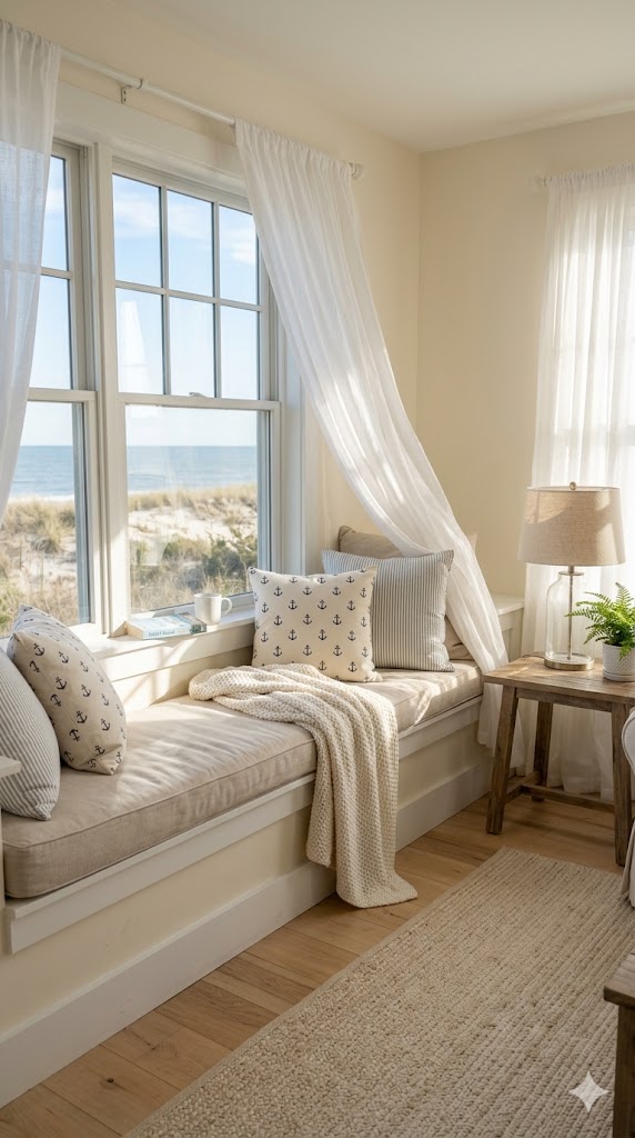 bright living room with sheer curtains, sunlight streaming in, cozy window seat with nautical cushions, soft neutral tones, peaceful coastal vibe