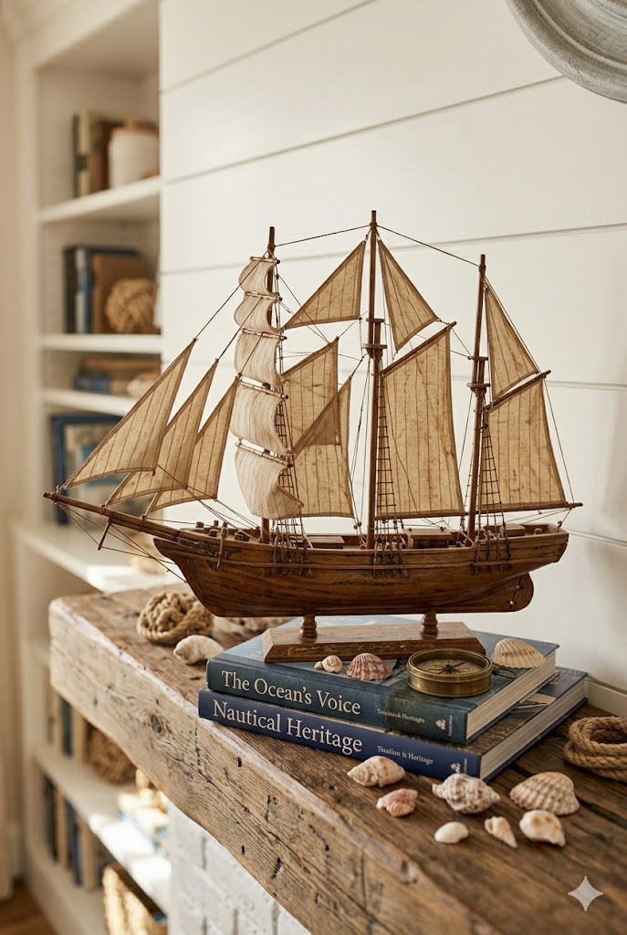 vintage wooden sailboat sculpture with distressed texture, placed on rustic shelf with books and seashells, soft warm lighting, coastal home decor styling, neutral background, aesthetic Pinterest style
