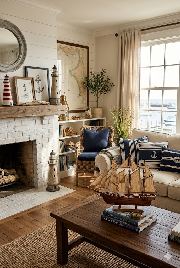 cozy nautical living room, wooden ship sculpture on coffee table, lighthouse decor on mantel, soft natural sunlight, neutral tones with navy accents, coastal aesthetic