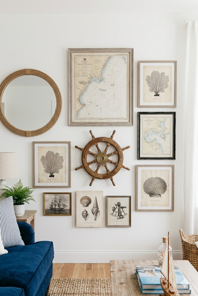 nautical gallery wall with vintage maps, ship wheel, coral art prints, neutral wall, cohesive styling, Pinterest aesthetic