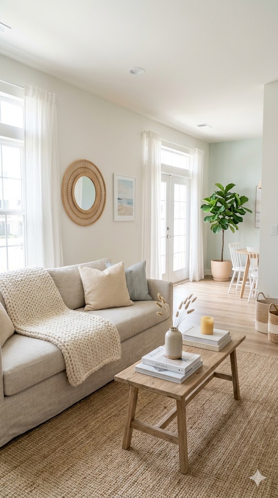 calm coastal living room, open layout, minimal decor, soft textures, airy and serene atmosphere, Pinterest aesthetic