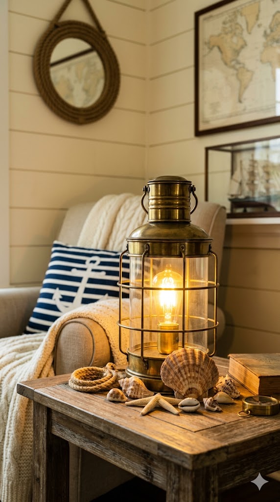 lantern-style table lamp on side table, glowing warm light, seashell decor, cozy nautical interior