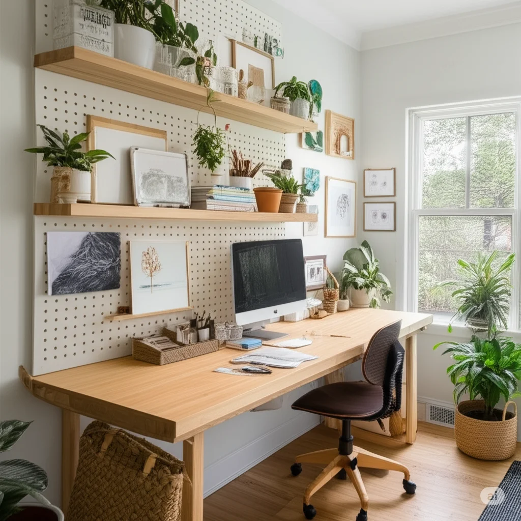 A well-organized crafty corner oa a home office space with a wooden desk, computer, shelves with plants and framed art, and a large window providing natural light.