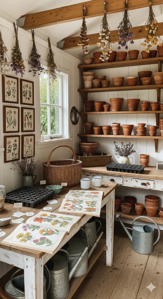 A rustic potting shed filled with terracotta pots, gardening tools, dried flowers, botanical prints, and a large wooden table with seed trays and open books.