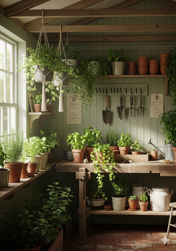 A cozy indoor gardening space or potting shed filled with various potted plants, hanging plants, and gardening tools on shelves and a workbench. 
