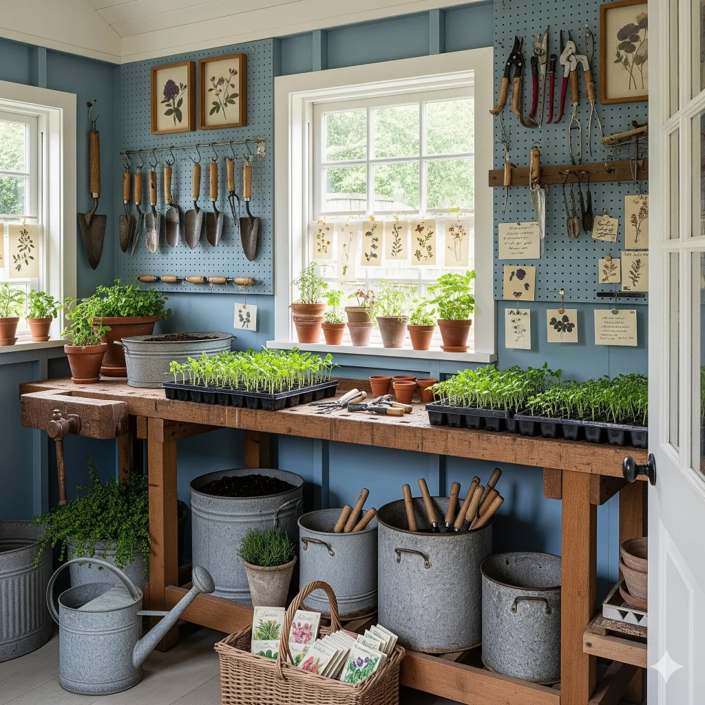 A cozy potting shed or greenhouse with a wooden workbench, various gardening tools, potted plants, and seedlings. 
