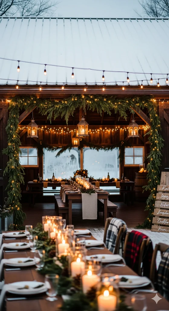 Outdoor wedding decor with minimal glass cylinders and ornate lanterns, perfect for winter aesthetic—from rustic to modern outdoor event.