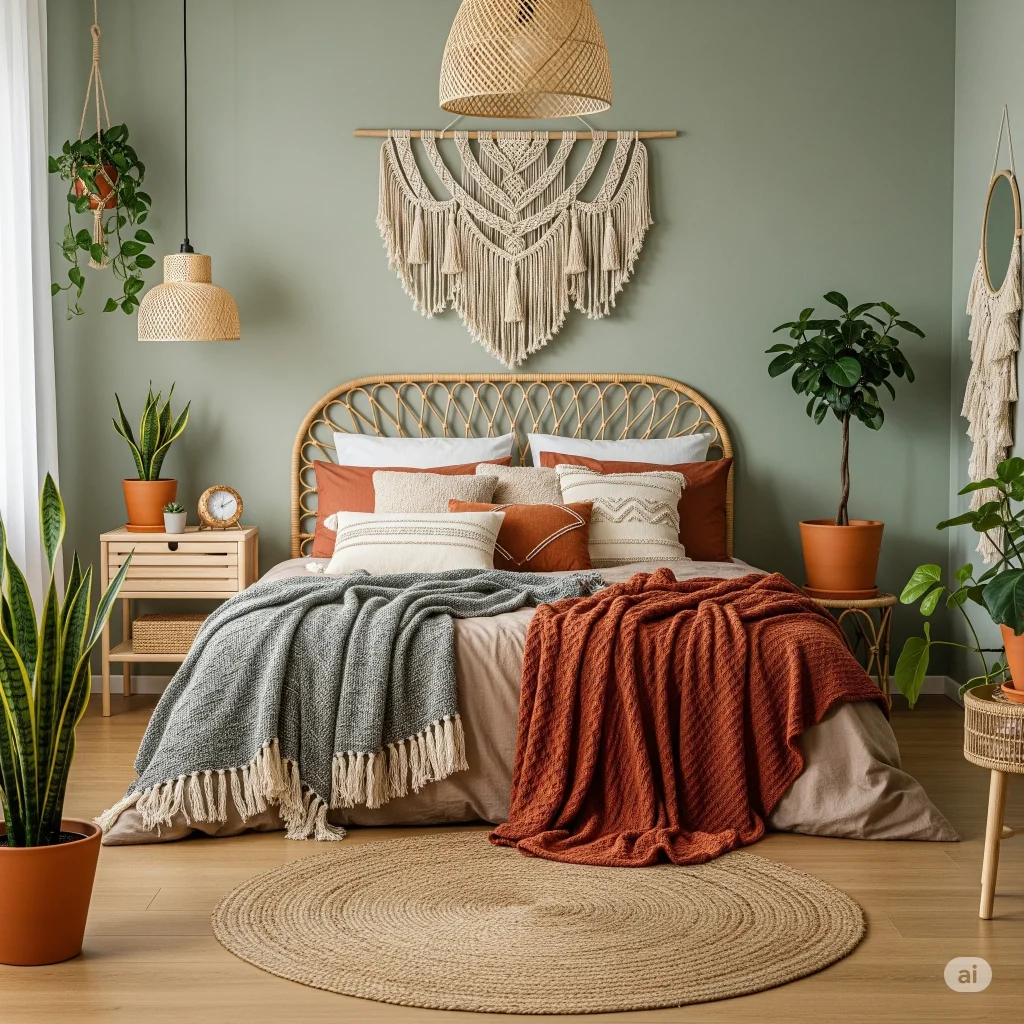 sage green Terracotta, Earthy, cozy, and a little bohemian bedroom