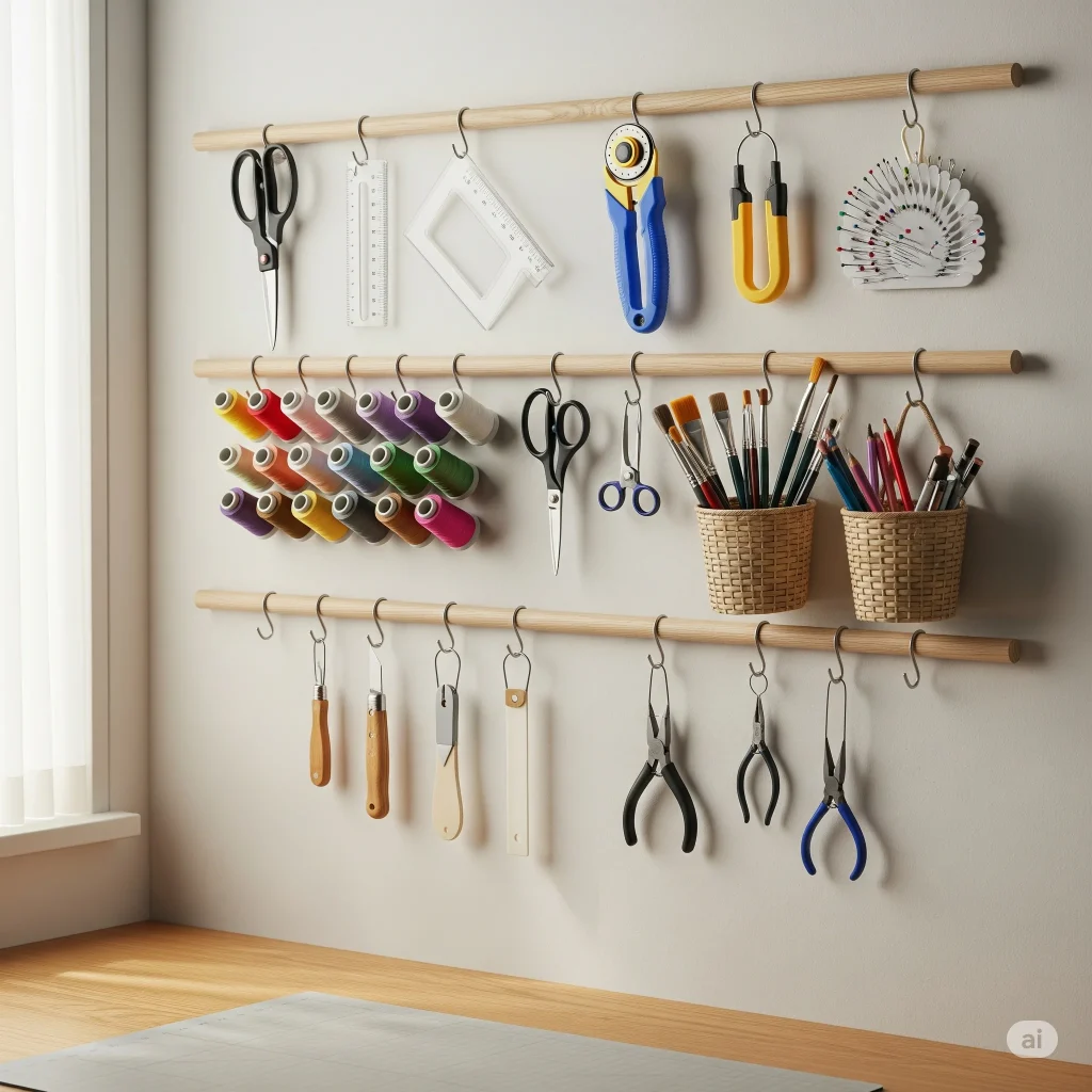 Wall-Mounted Rails and Hooks in craft room