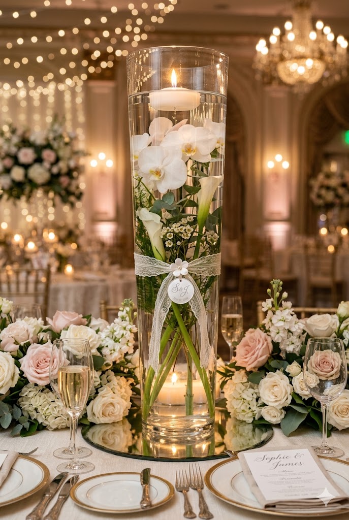 Elegant wedding centerpiece featuring a tall crystal-clear glass vase filled with water and submerged white orchids and calla lilies