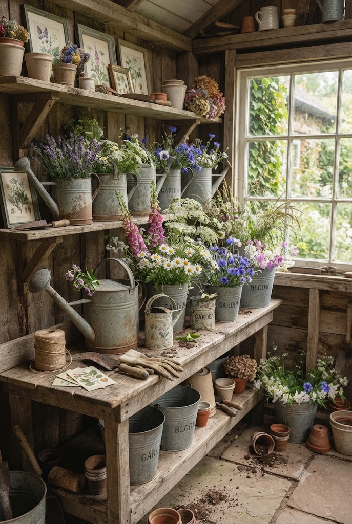 Galvanized Buckets and Antique Watering Cans with flowers