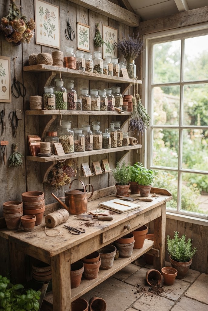 Glass Jars and Apothecary Bottles in potting shed 