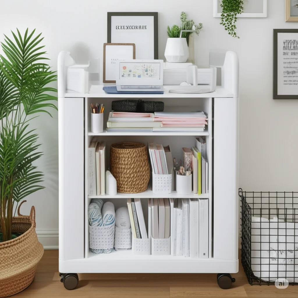 A white, multi-tiered rolling storage cart