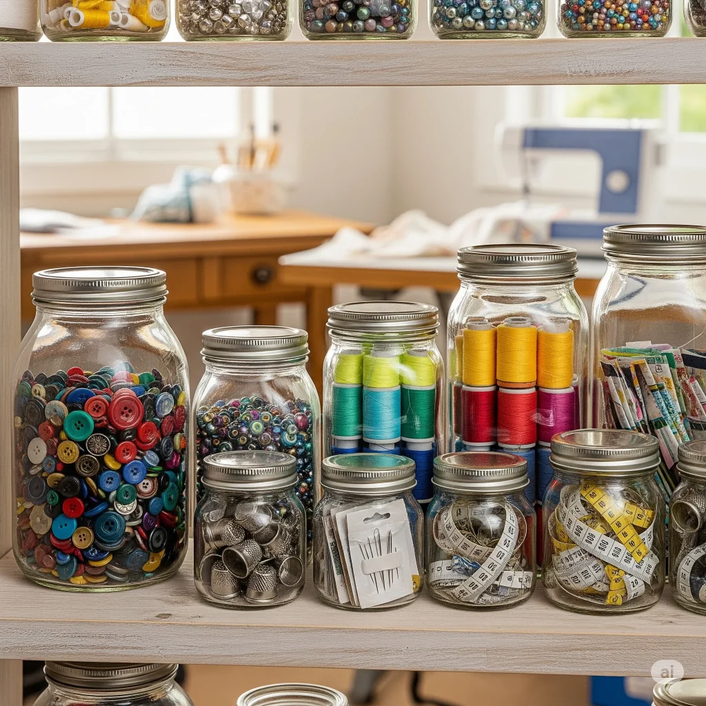 sewing and crafting supplies neatly organized in glass jars