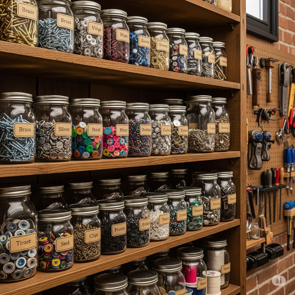  wooden shelving unit of workshop with labeled jars