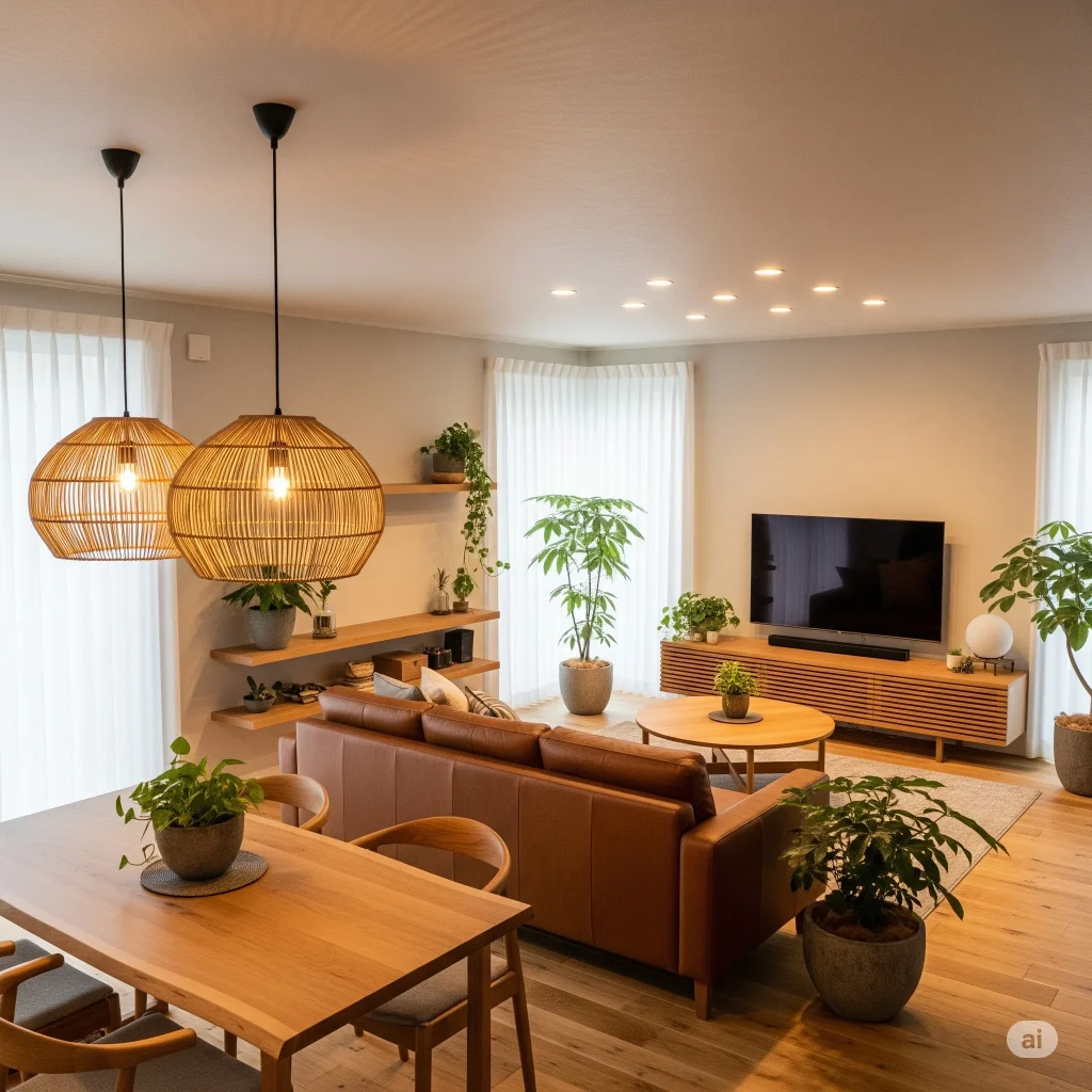 Japandi Living Room with Statement Lighting