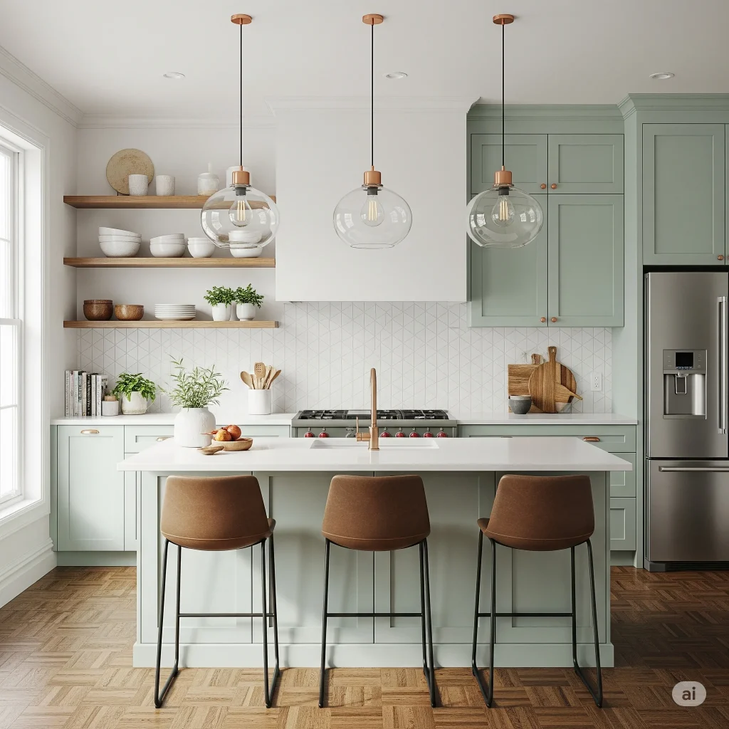 Cool Mint and Bright White farmhouse kitchen