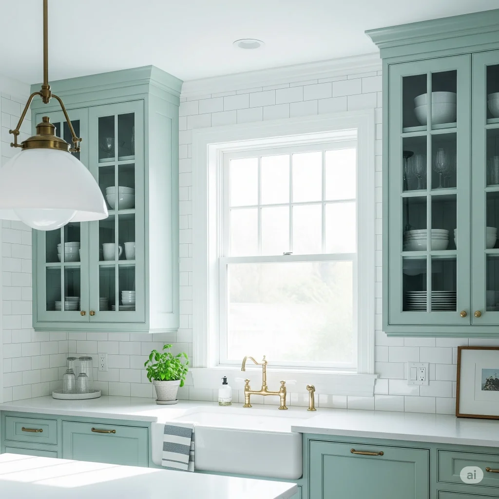 Cool Mint and Bright White farmhouse kitchen
