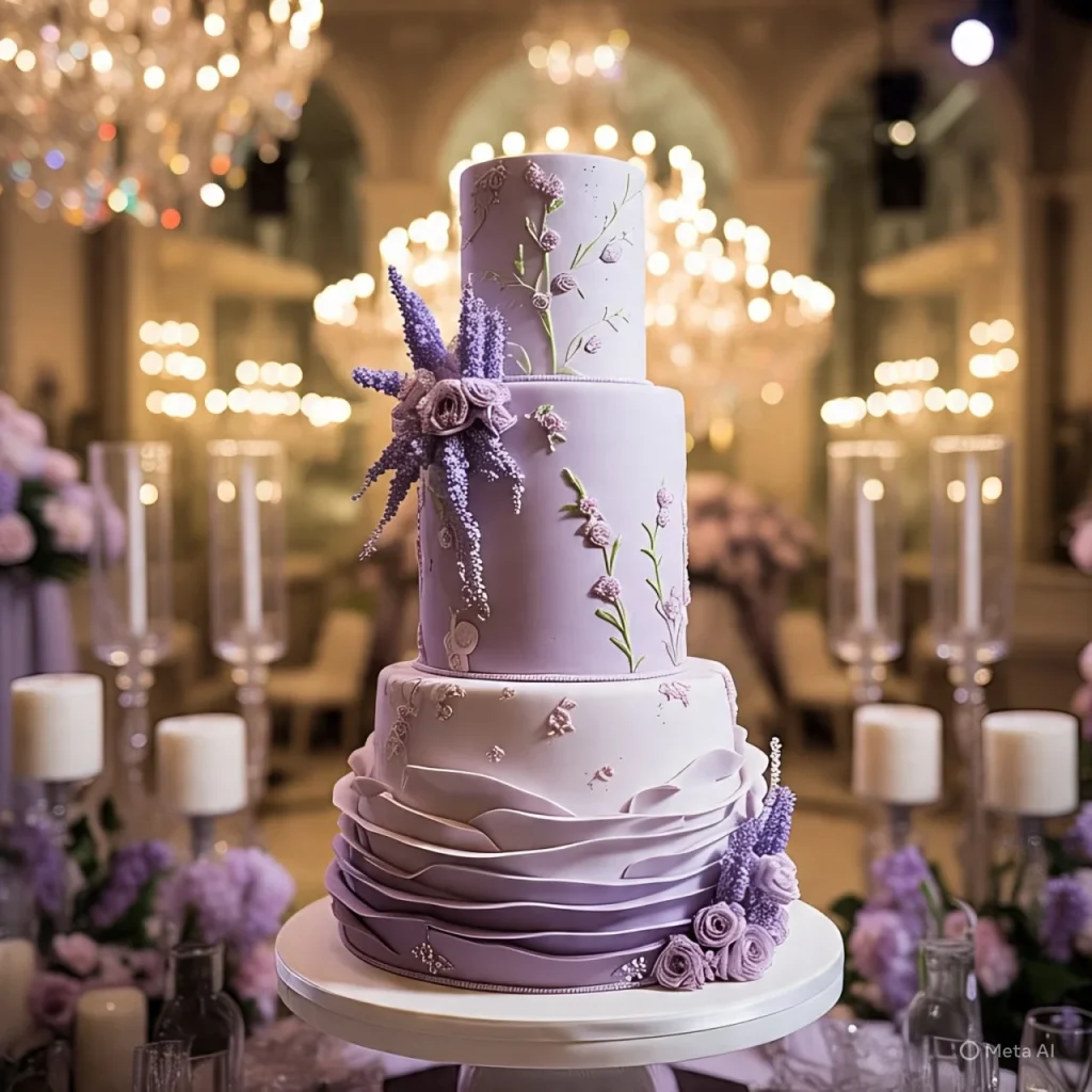 A multi-tiered wedding cake decorated with purple and lavender flowers and ruffles.